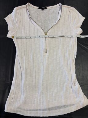 Ambiance Pale Pink Ribbed Zip-Front Short Sleeve Top